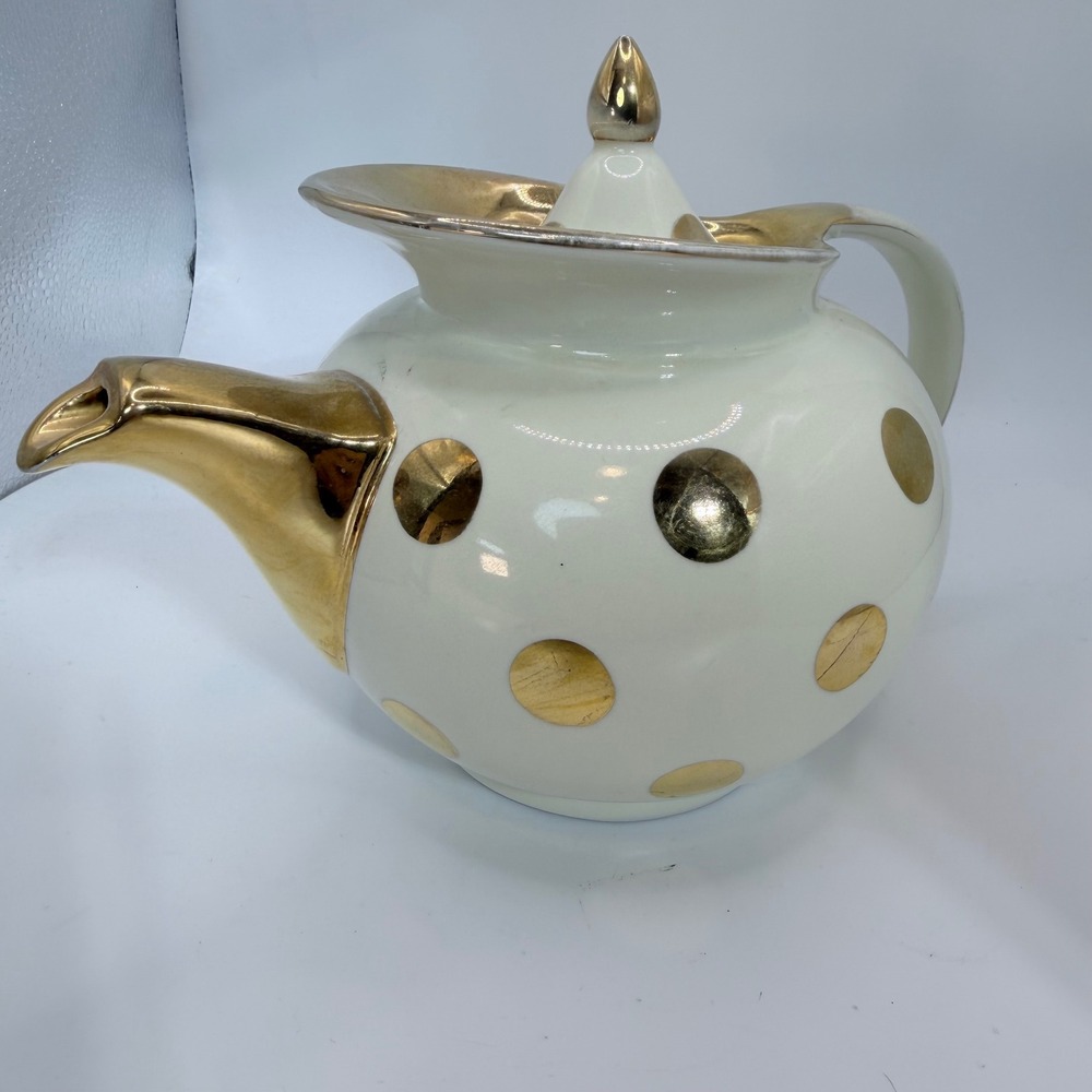 Vintage Hall China 0698 GL Gold Polka Dot Windshield Teapot 6 Cup USA 1940s
